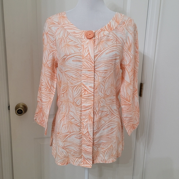 Rafaella Size M Salmon & Ivory Leaf Pattern 100% Linen Button Front Top - Picture 6 of 13